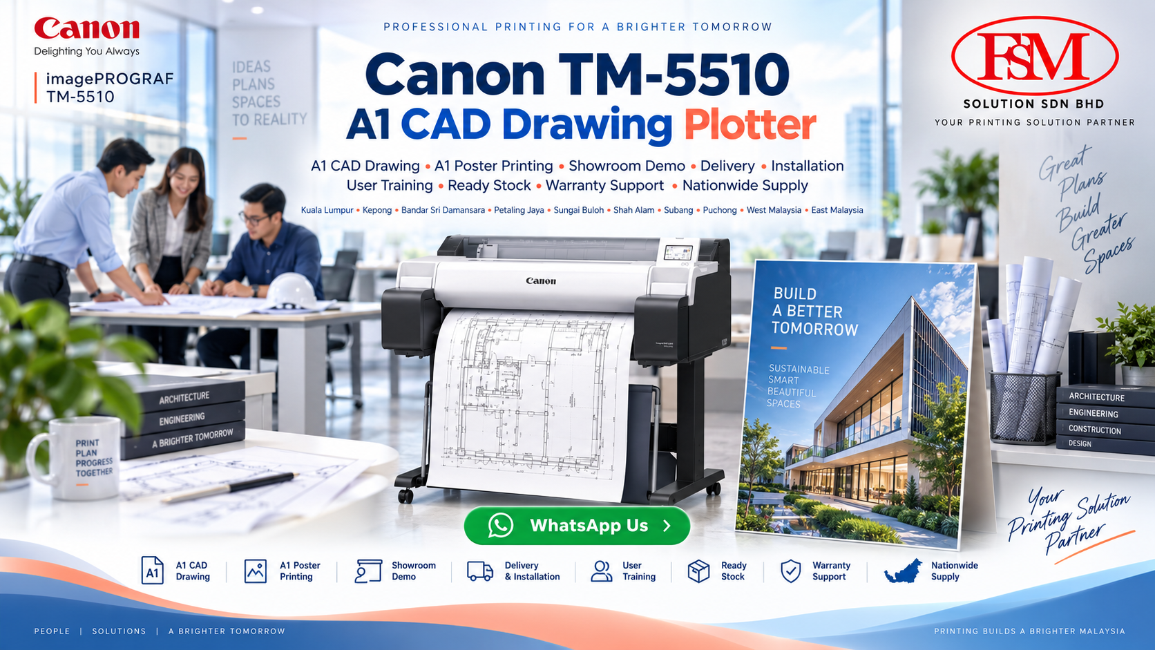 Canon imagePROGRAF TM-5510 A1 CAD drawing plotter and A1 poster printer in Kuala Lumpur by FSM Solution Sdn Bhd for AutoCAD plans, engineering drawings, technical documents and poster printing nationwide Malaysia