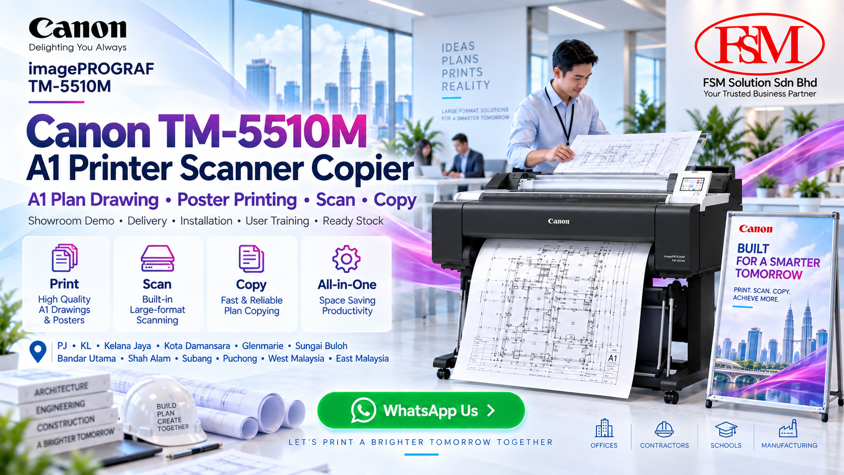 Canon imagePROGRAF TM-5510M A1 plan drawing printer scanner photocopy machine in Petaling Jaya Kuala Lumpur by FSM Solution Sdn Bhd for AutoCAD plans, CAD drawings, poster printing, scanning, copying and nationwide Malaysia delivery