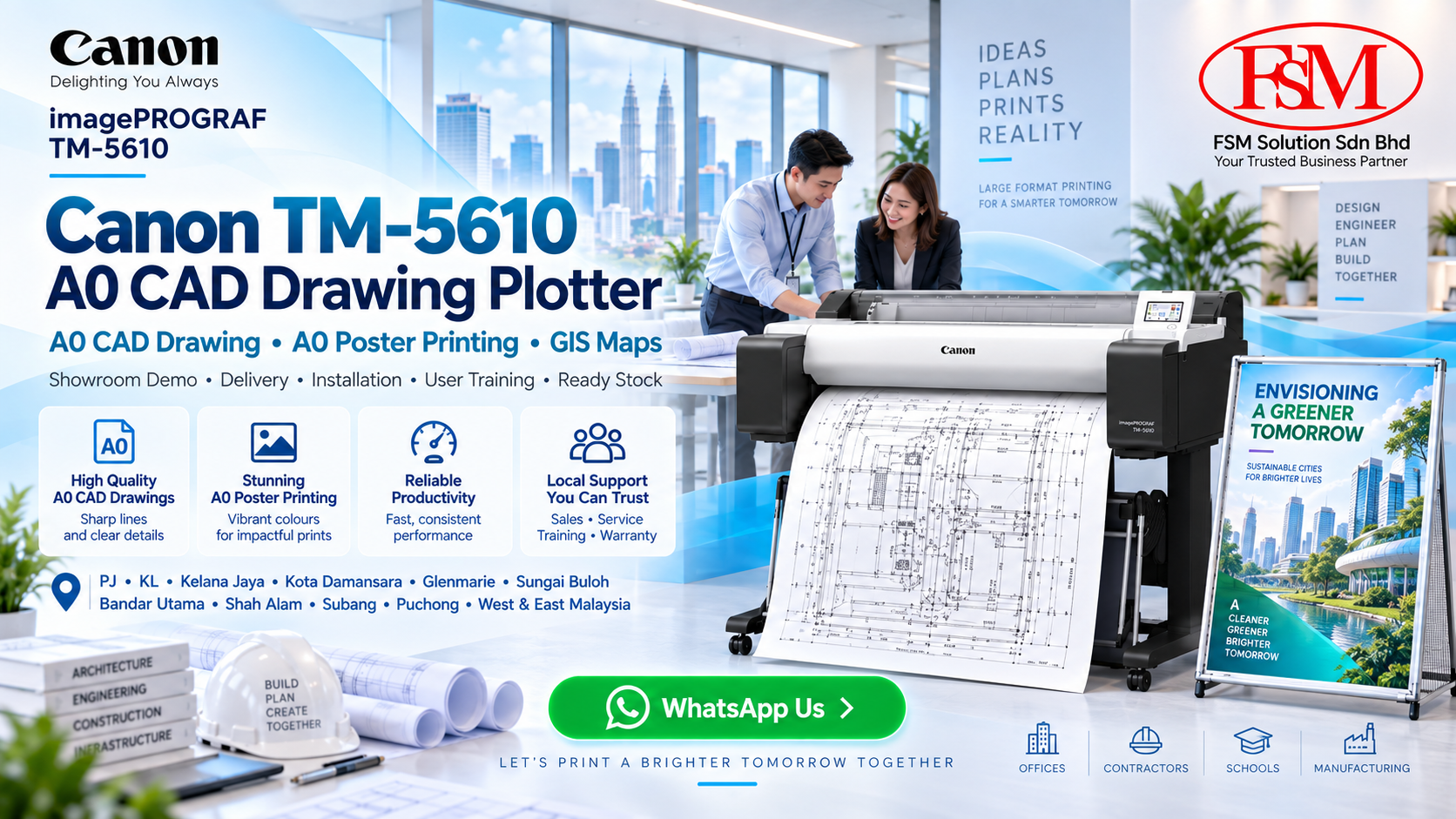 Canon imagePROGRAF TM-5610 A0 CAD drawing plotter and A0 poster printer in Petaling Jaya Kuala Lumpur by FSM Solution Sdn Bhd for AutoCAD plans, engineering drawings, GIS maps, posters and nationwide Malaysia delivery