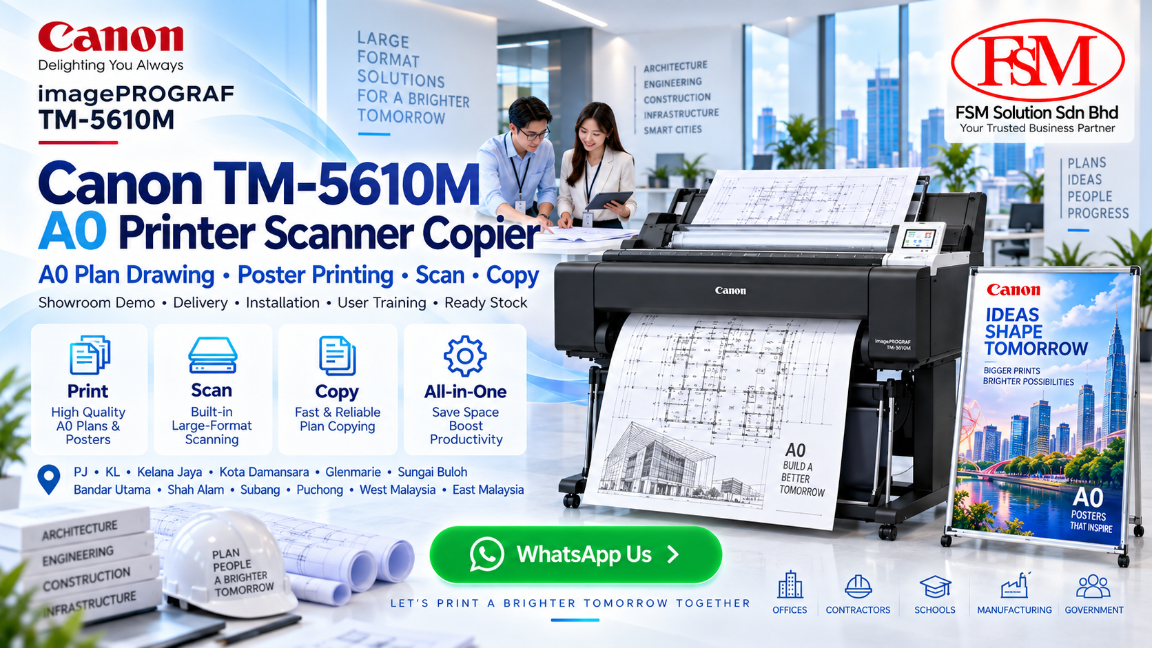 Canon imagePROGRAF TM-5610M A0 plan drawing printer scanner photocopy machine in Petaling Jaya Kuala Lumpur by FSM Solution Sdn Bhd for AutoCAD plans, CAD drawings, GIS maps, poster printing, scanning, copying and nationwide Malaysia delivery