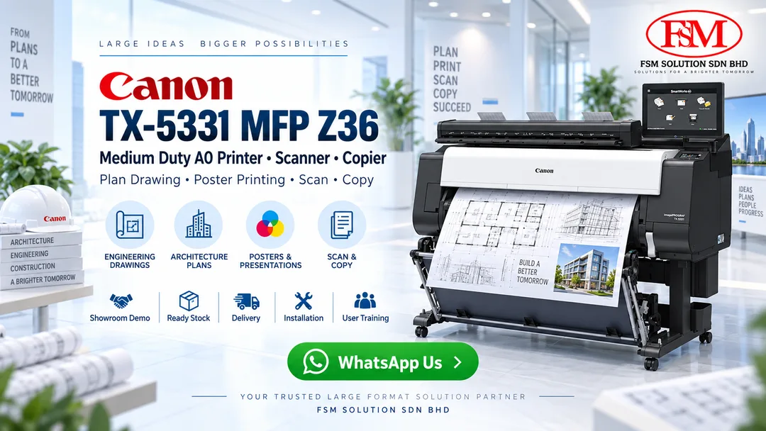 Canon imagePROGRAF TX-5331 MFP Z36 medium duty A0 plan drawing printer scanner photocopy machine multifunction colour printer in Petaling Jaya Kuala Lumpur by FSM Solution Sdn Bhd for AutoCAD plans CAD drawings GIS maps poster printing scanning copying and nationwide Malaysia delivery