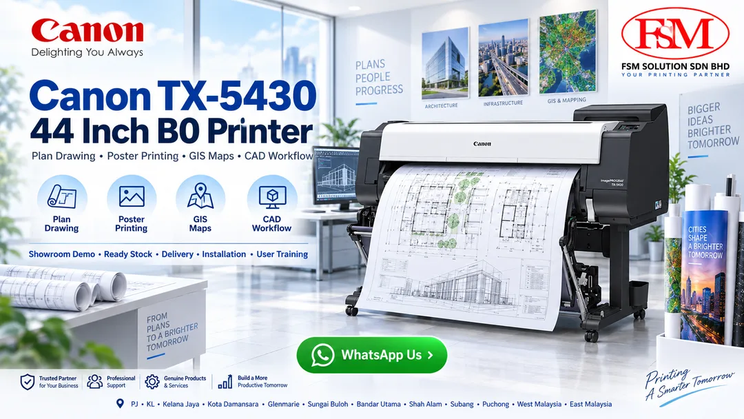 Canon imagePROGRAF TX-5430 medium duty 44 inch B0 plan drawing printer and poster printer in Petaling Jaya Kuala Lumpur by FSM Solution Sdn Bhd for AutoCAD plans CAD drawings GIS maps construction plans and poster printing nationwide Malaysia