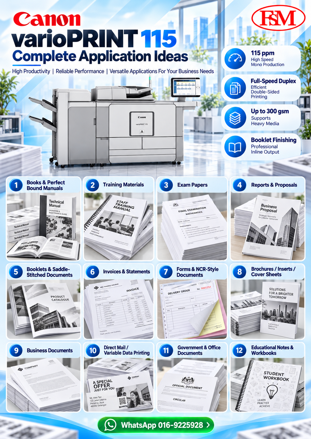 Canon varioPRINT 115 production printer applications for books manuals reports exam papers booklets statements and commercial printing