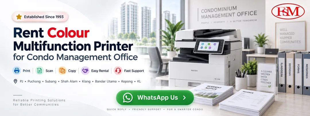 Colour multifunction printer rental for condo management office, JMB and management corporation in PJ, Puchong, Subang, Shah Alam, Klang, Bandar Utama, Kepong and KL