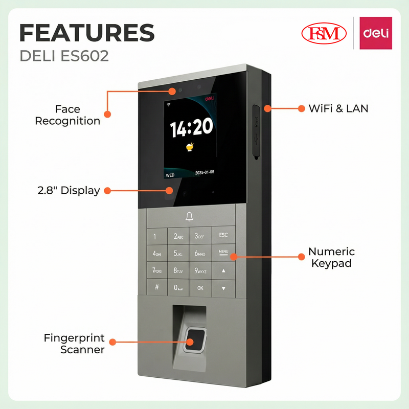Deli ES602 biometric attendance machine for HR time tracking in Malaysia office