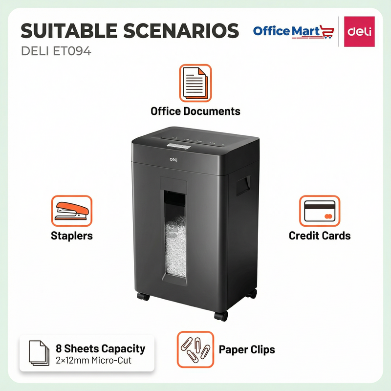 Deli ET094 compact paper shredder beside office desk in Kuala Lumpur workplace