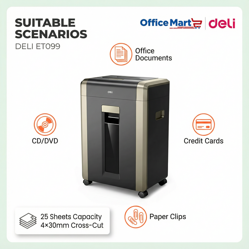 Close up of Deli ET099 shredding confidential business documents securely