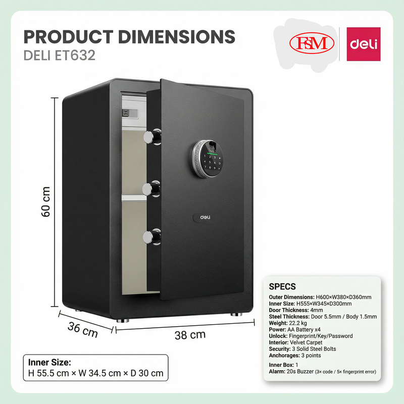 Deli ET632 Peti Besi Digital Pejabat