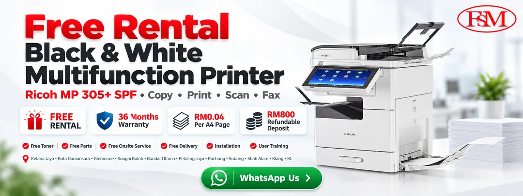 Free rental Ricoh Photocopy Machine, Ricoh MP 305+ SPF refurbished black and white multifunction photocopier with free toner, parts, onsite service, delivery, installation and training