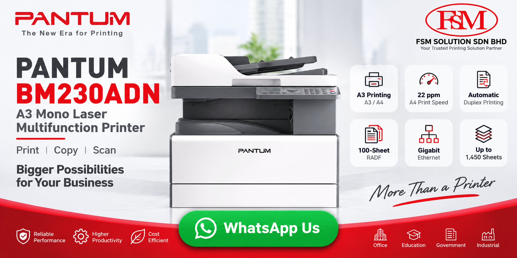 Pantum BM230ADN Duplex Monochrome Laser Multifunction Printer - fsm solution Petaling Jaya