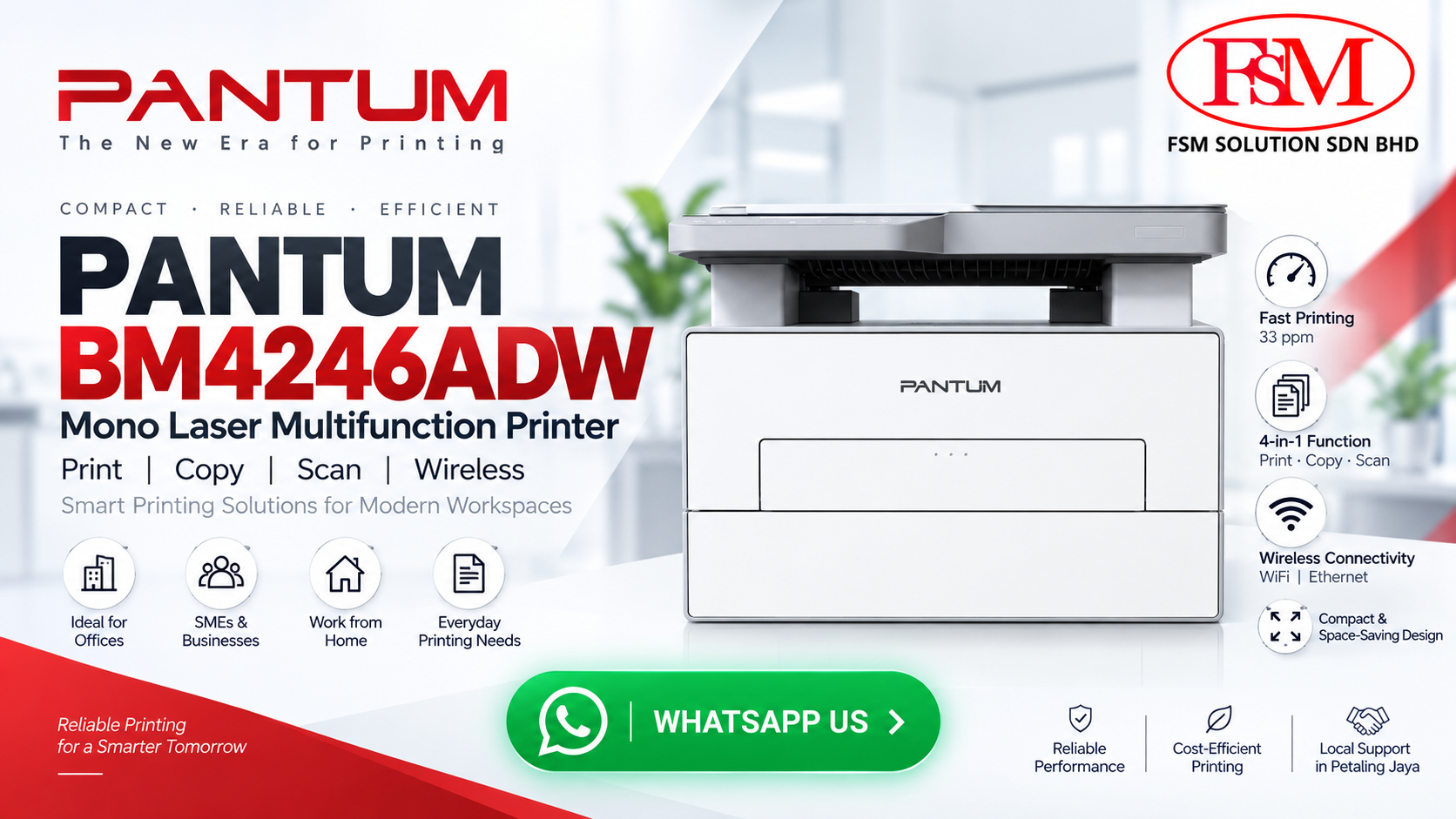 Pantum BM4246ADW 4-in-1 Monochrome Auto Duplex Wireless Multifunction Laser Printer by FSM Solution Ara Damansara