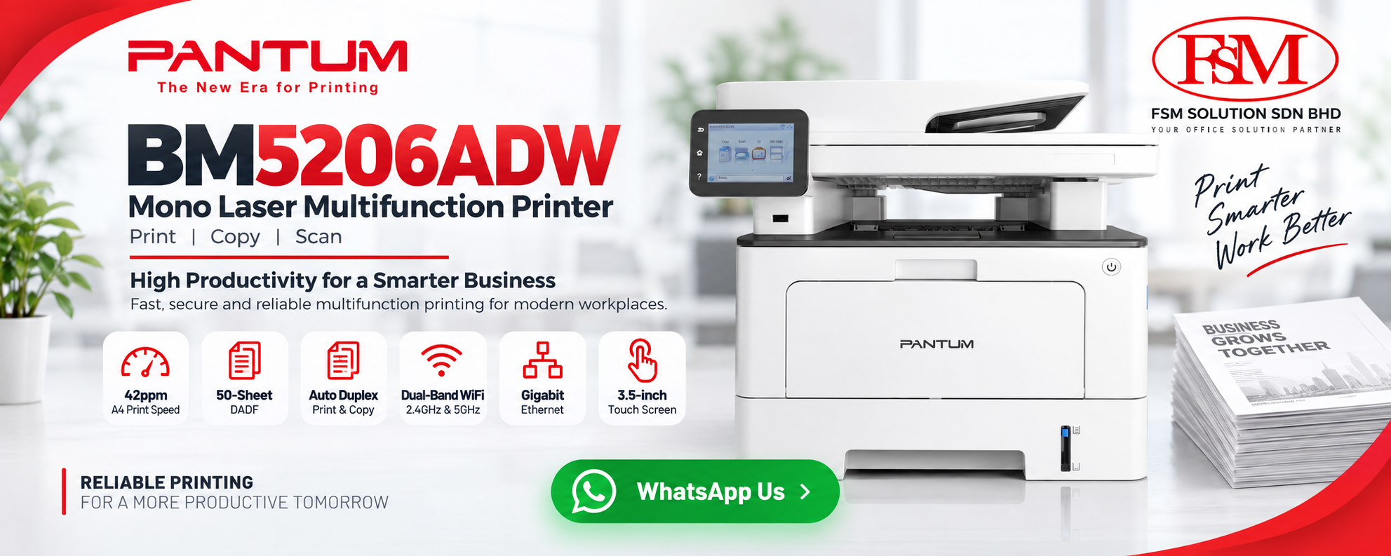 Pantum BM5206ADW 4-in-1 High-Speed Monochrome Auto Duplex Wireless Multifunction Laser Printer by FSM Solution Ara Damansara