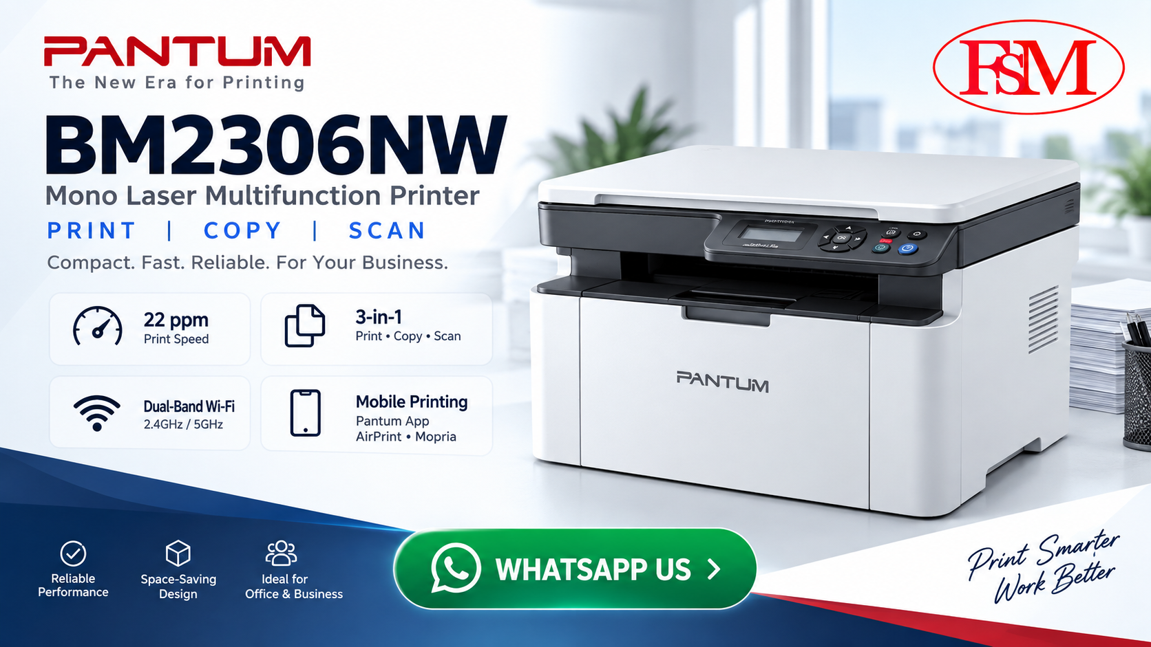 Pantum BP2306NW Single Function Monochrome Wireless Laser Printer by FSM Solution Ara Damansara