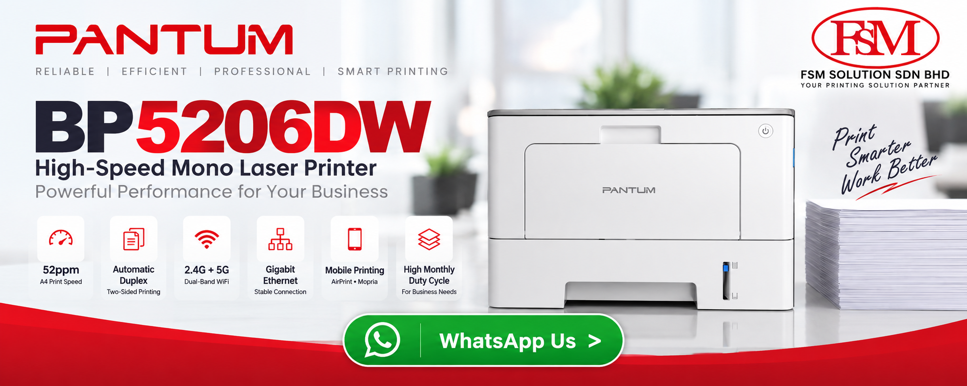 Pantum BP5206DW Single-Function High-Speed Monochrome Auto Duplex Wireless Laser Printer by FSM Solution Ara Damansara