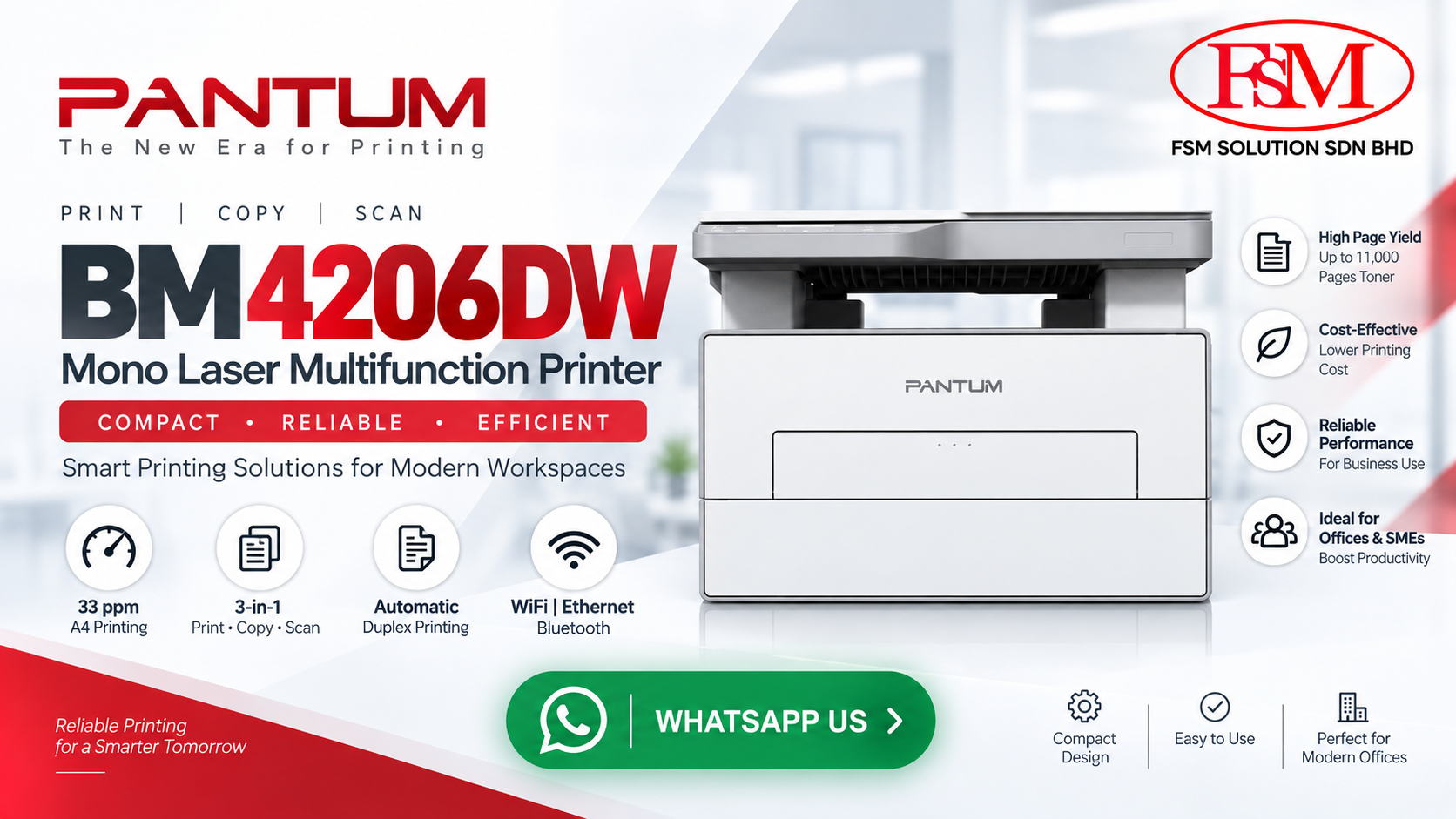 Pantum BM4206DW mono laser multifunction printer with print copy scan automatic duplex and WiFi supplied by FSM Solution in Ara Damansara Petaling Jaya