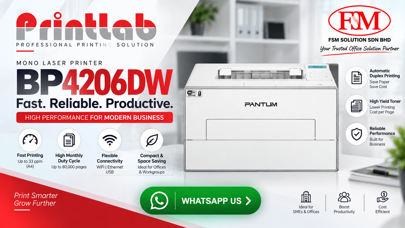 Pantum BP4206DW 33ppm mono laser printer with automatic duplex WiFi Ethernet and high yield toner supplied by FSM Solution in Ara Damansara Petaling Jaya