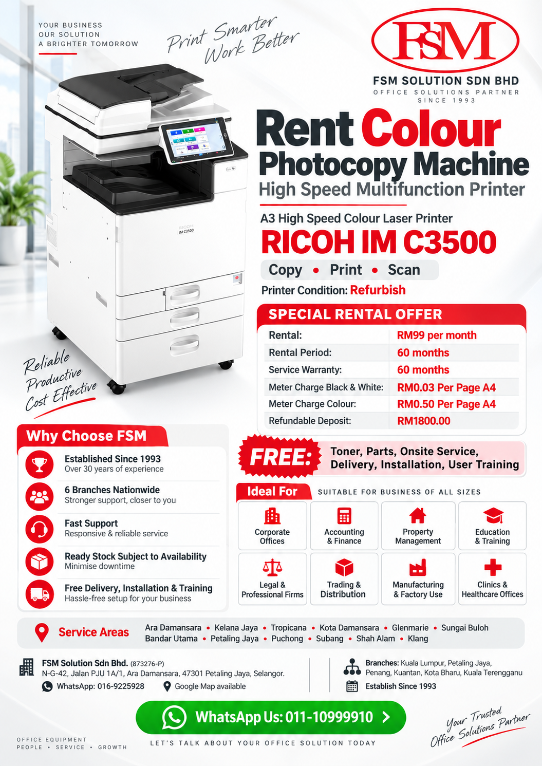 FSM Ricoh IM C3500 colour photocopy machine rental flyer with RM99 monthly rental, 60-month warranty, B&W RM0.03 per A4, colour RM0.50 per A4, free toner, parts, onsite service, delivery, installation and training.