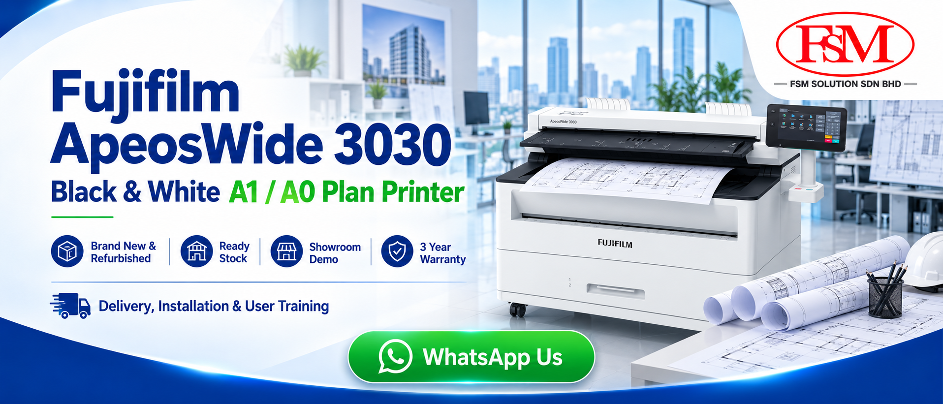 Fujifilm ApeosWide 3030 black and white A1 A0 plan printer supplier PJ KL Malaysia FSM Solution Sdn Bhd