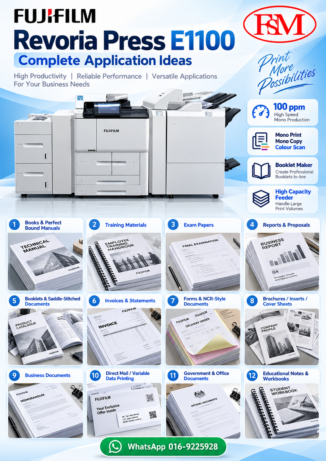 Fujifilm Revoria Press E1100 100ppm monochrome production printer with high capacity feeder and booklet maker at FSM Solution Petaling Jaya Malaysia