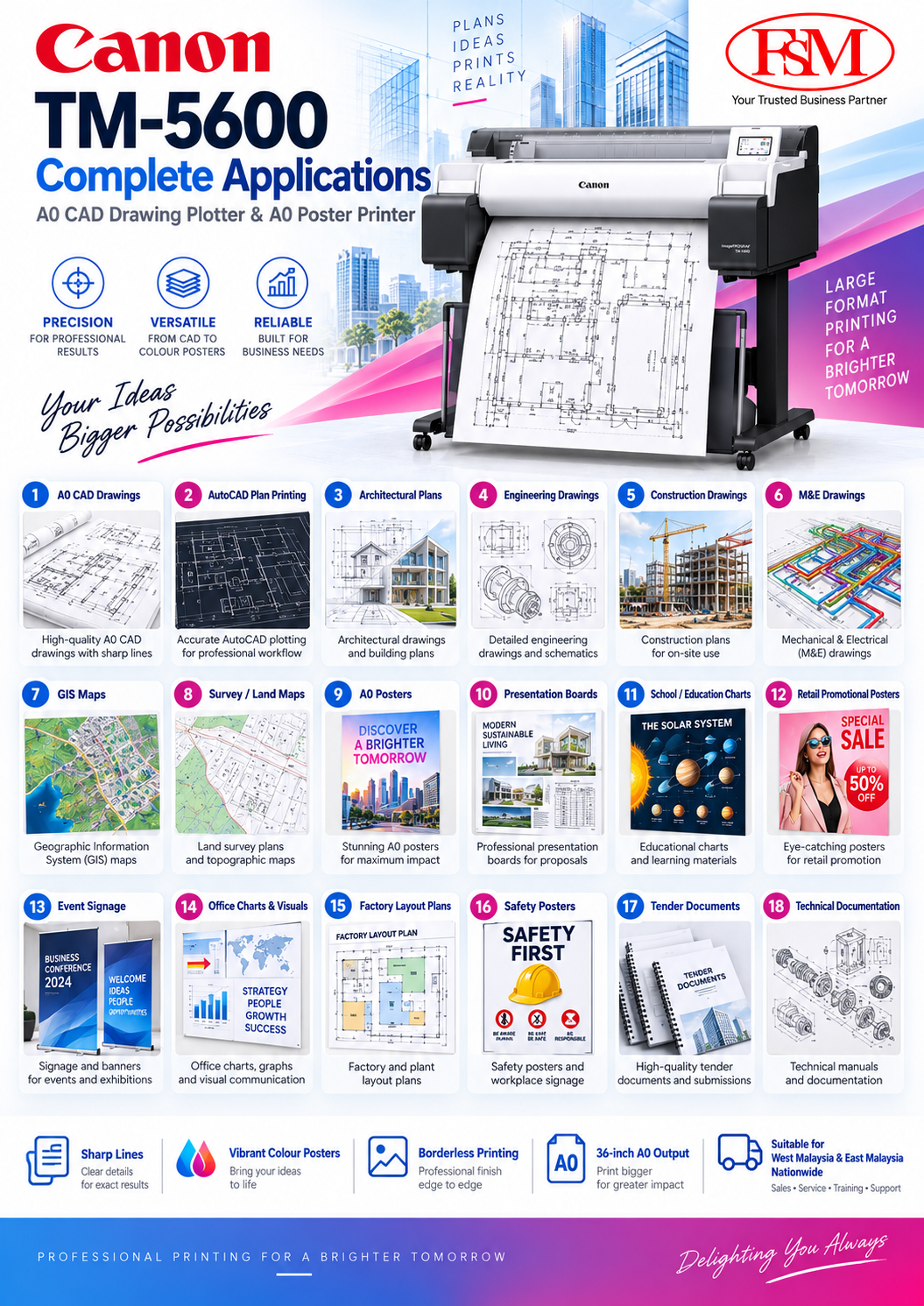 low price A0 CAD drawing plotter and A0 poster printer Canon imagePROGRAF TM-5600 in KL by FSM Solution Sdn Bhd for CAD plan printing, AutoCAD drawings, engineering drawings, GIS maps and poster printing nationwide Malaysia