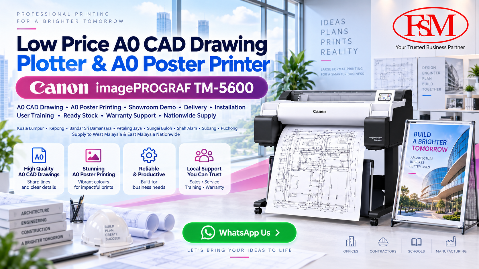 Canon imagePROGRAF TM-5600 low price A0 CAD drawing plotter and A0 poster printer in Kuala Lumpur by FSM Solution Sdn Bhd for CAD plan printing, AutoCAD drawings, engineering drawings, GIS maps and poster printing nationwide Malaysia