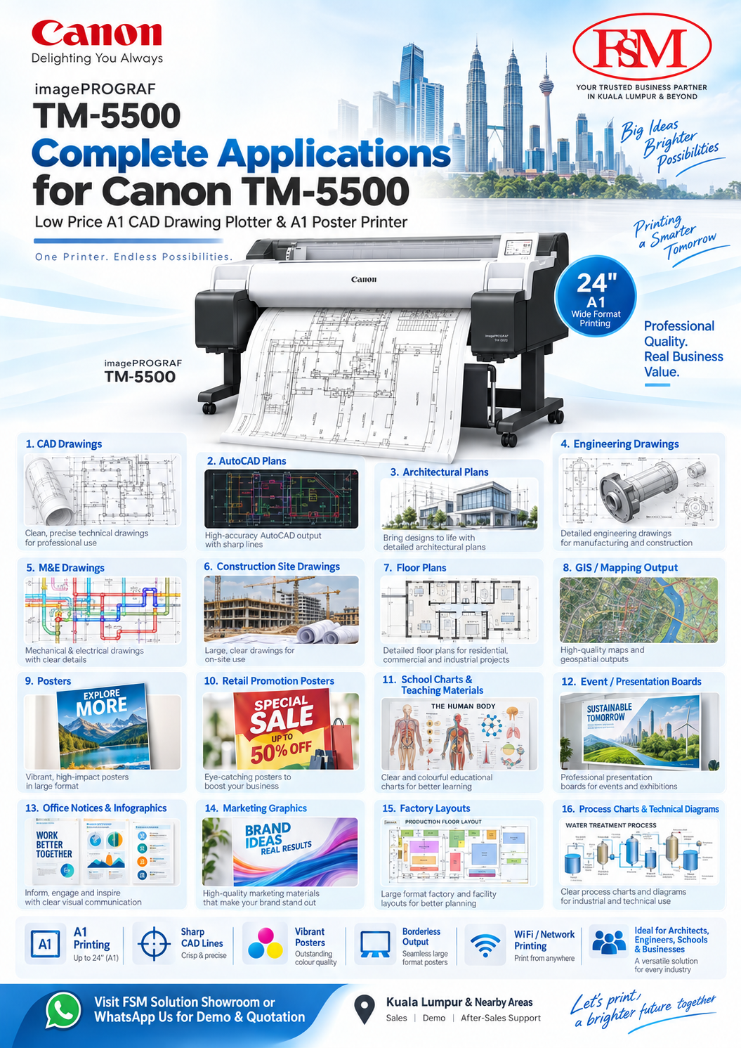Canon imagePROGRAF TM-5500 application low price A1 CAD drawing plotter and A1 poster printer in KL