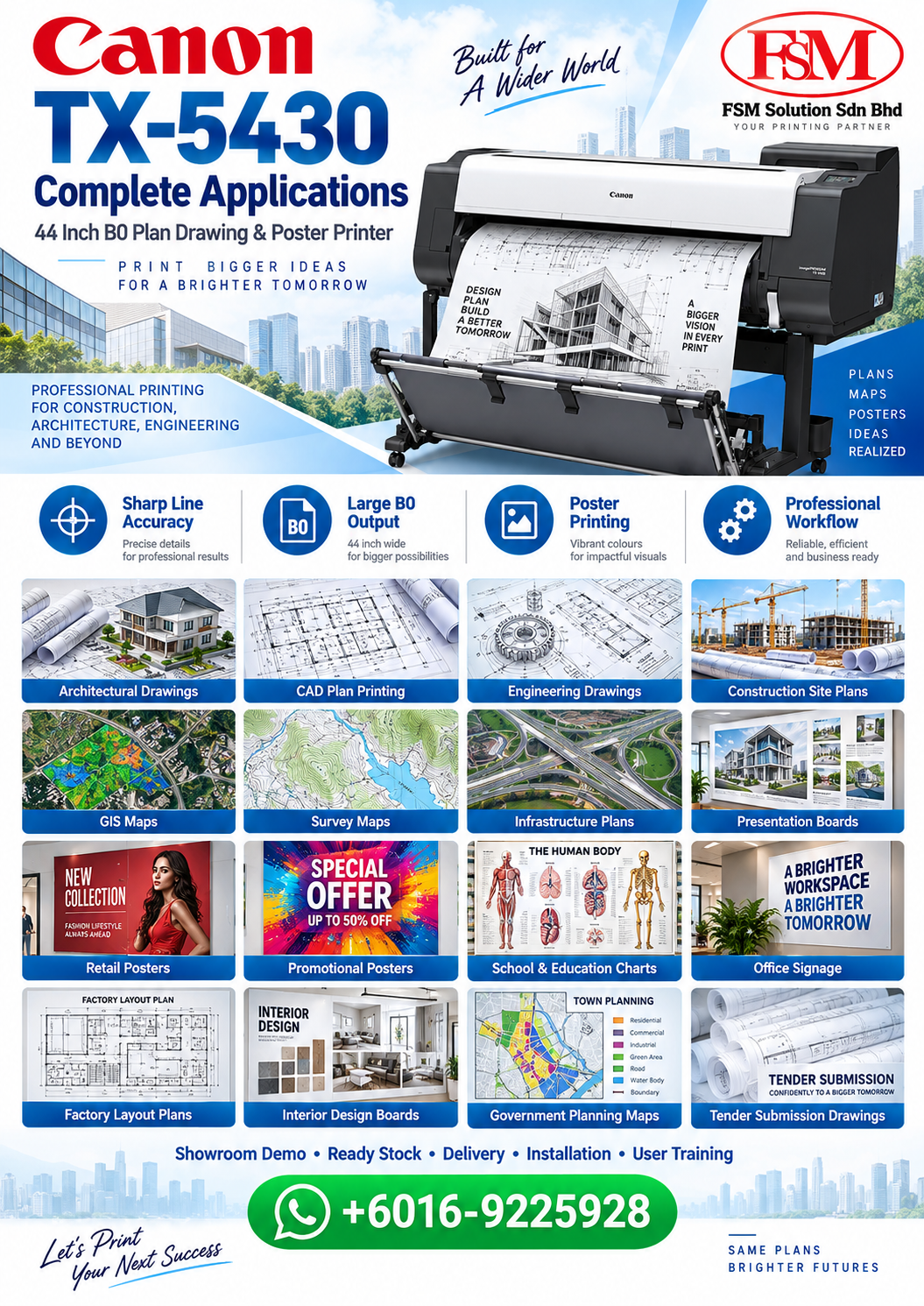 medium duty 44 inch B0 plan drawing printer and poster printer Canon imagePROGRAF TX-5430 in Petaling Jaya Kuala Lumpur by FSM Solution Sdn Bhd for AutoCAD plans CAD drawings GIS maps construction plans and poster printing nationwide Malaysia