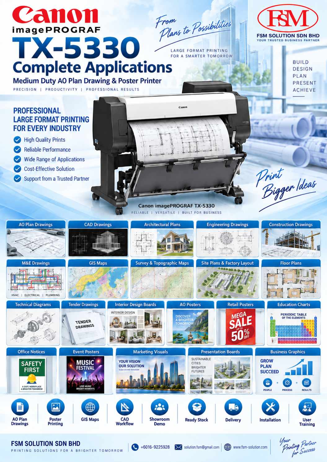 medium duty A0 plan drawing printer and A0 poster printer Canon imagePROGRAF TX-5330 in Petaling Jaya Kuala Lumpur by FSM Solution Sdn Bhd for AutoCAD plans, CAD drawings, GIS maps, engineering drawings and poster printing nationwide Malaysia