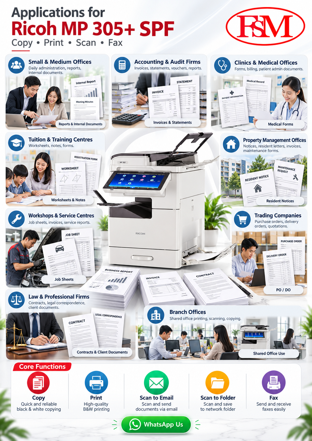 Free rental A3 Photocopy Machine Ricoh MP 305+ SPF refurbished black and white multifunction photocopier with free toner, parts, onsite service, delivery, installation and training