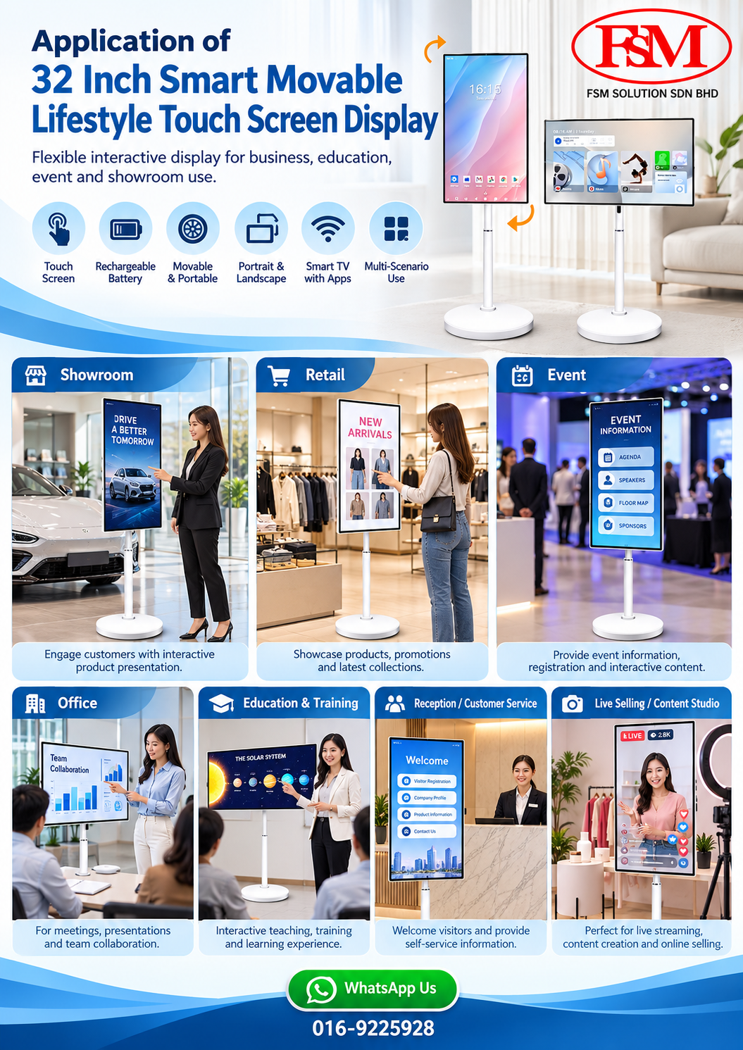 Application of 32 inch smart movable lifestyle touch screen display Interactive Smart TV with rechargeable battery stand in PJ KL Kuala Lumpur by FSM Solution Sdn Bhd