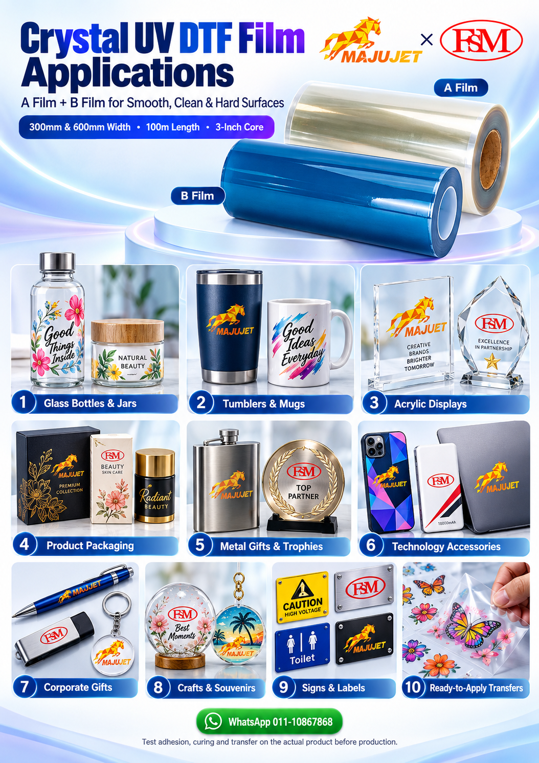 Crystal UV DTF A printing film and transparent B transfer film rolls in 300mm and 600mm widths 100 metres with 3-inch core  MajuJet Scanext Malaysia