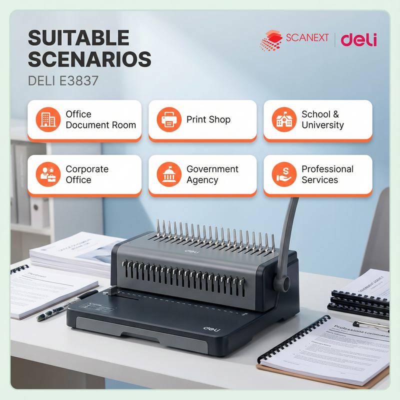 Office document binding machine Deli E3873 with Scanext branding