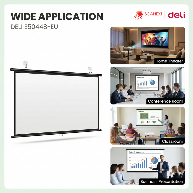 Deli E50448-E business projector displaying clear slides in corporate meeting room