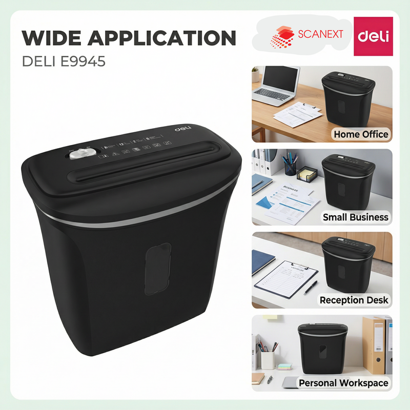Corporate office document disposal using Deli E9945 shredder supplied by Scanext Malaysia