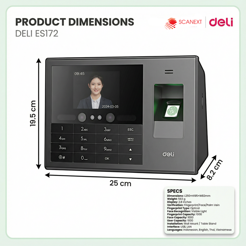Deli ES172 biometric fingerprint attendance system installed in office