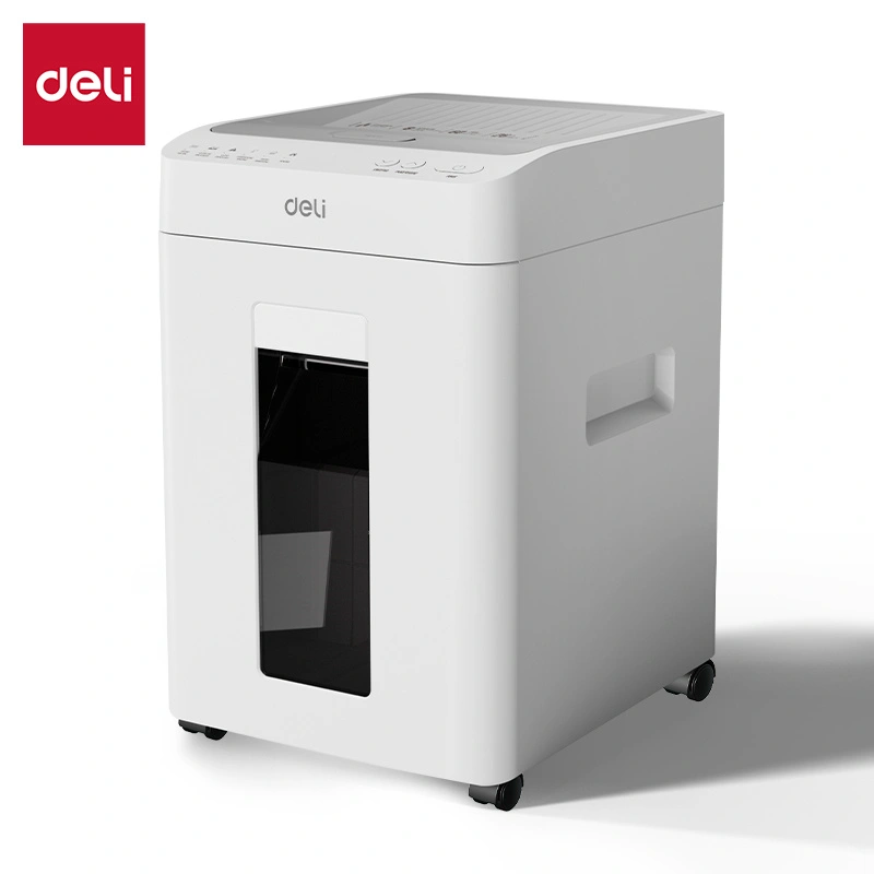 Malaysia Malay female using Deli ET081 paper shredder in small office with Scanext logo