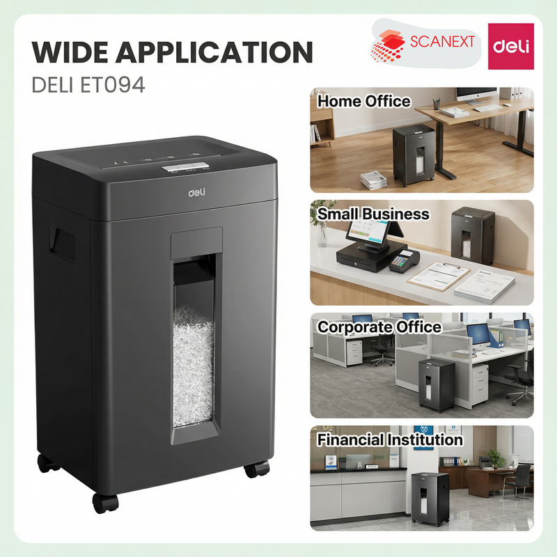 Malaysia Malay female using Deli ET022 paper shredder in small office with Scanext logo