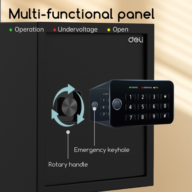 Small office setup featuring Deli ET533 safe box with WhatsApp contact button