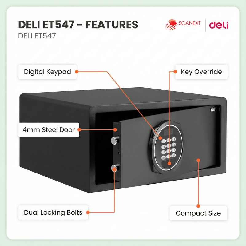 Professional office setup with Deli ET547 safe box and WhatsApp contact button