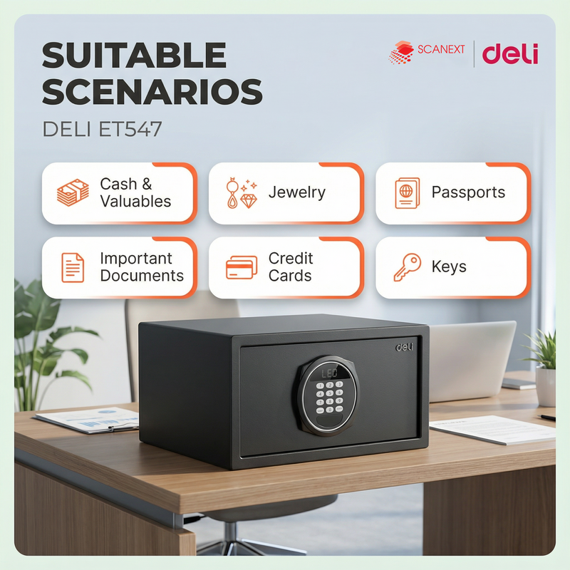 Office valuables protected using Deli ET547 safe box supplied by Scanext Malaysia