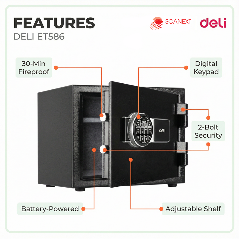 Professional office setup with Deli ET586 safe box and WhatsApp contact button
