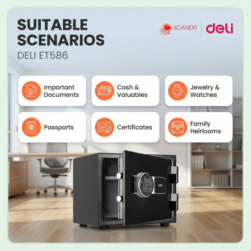 Office valuables secured using Deli ET586 safe box supplied by Scanext Malaysia