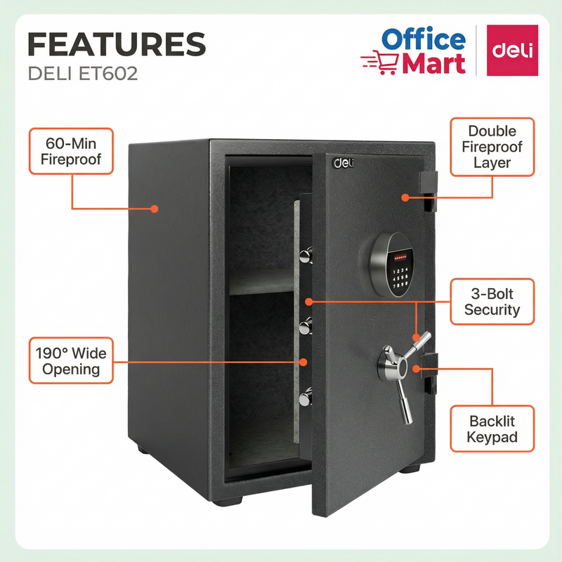 Professional office setup with Deli ET602 safe box and WhatsApp contact button