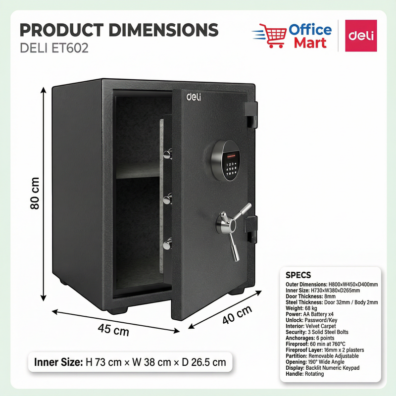 Fire-resistant Deli ET602 safe box placed in Kuala Lumpur office environment