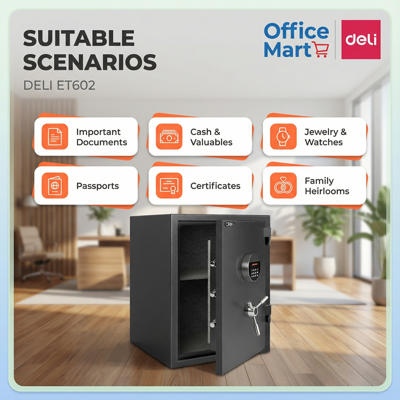 Office valuables protected using Deli ET602 safe box supplied by Scanext Malaysia