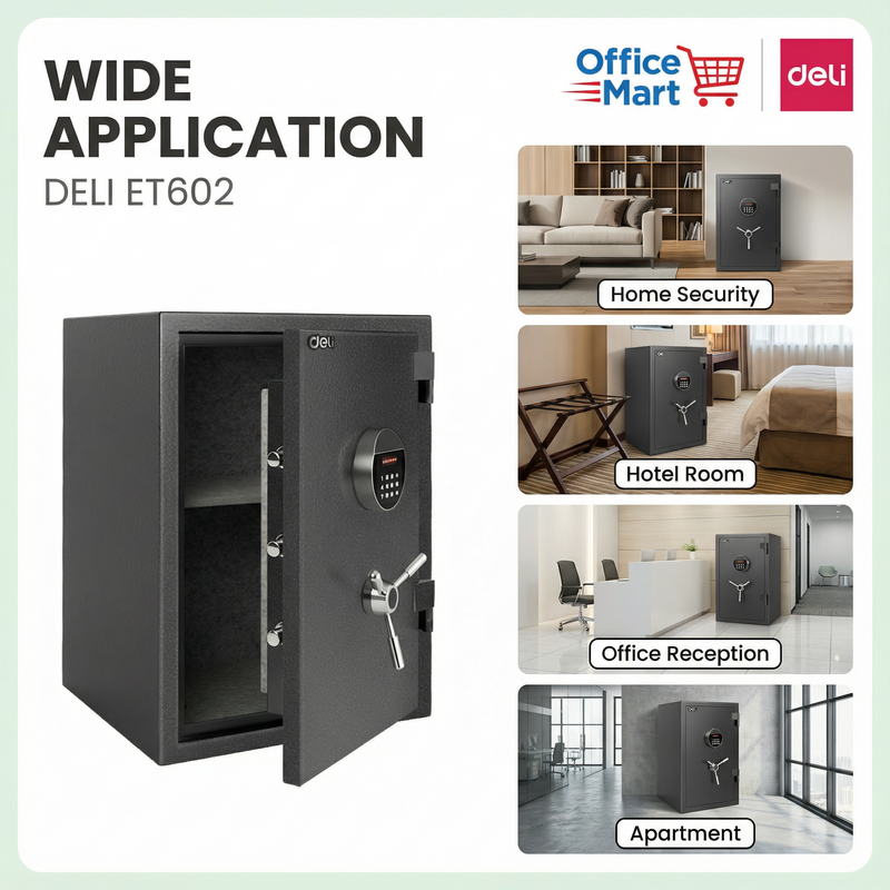 Deli ET602 digital fireproof safe box for secure document storage in Malaysia office