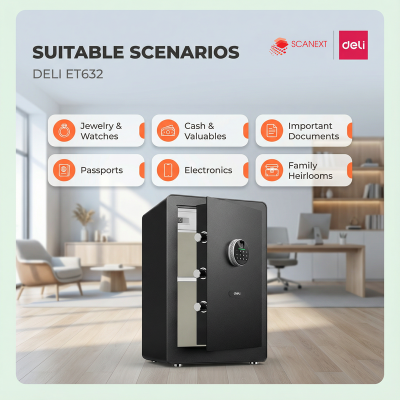 Office documents and valuables secured with Deli ET632 safe box supplied by Scanext Malaysia