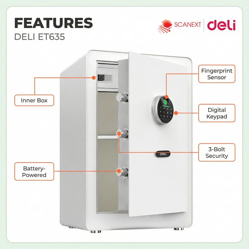 Deli ET635 digital safe box with Scanext branding for Malaysia office and institutional buyers