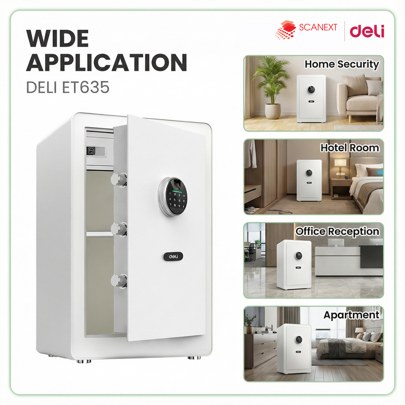 Small office setup featuring Deli ET635 digital safe box with WhatsApp contact button