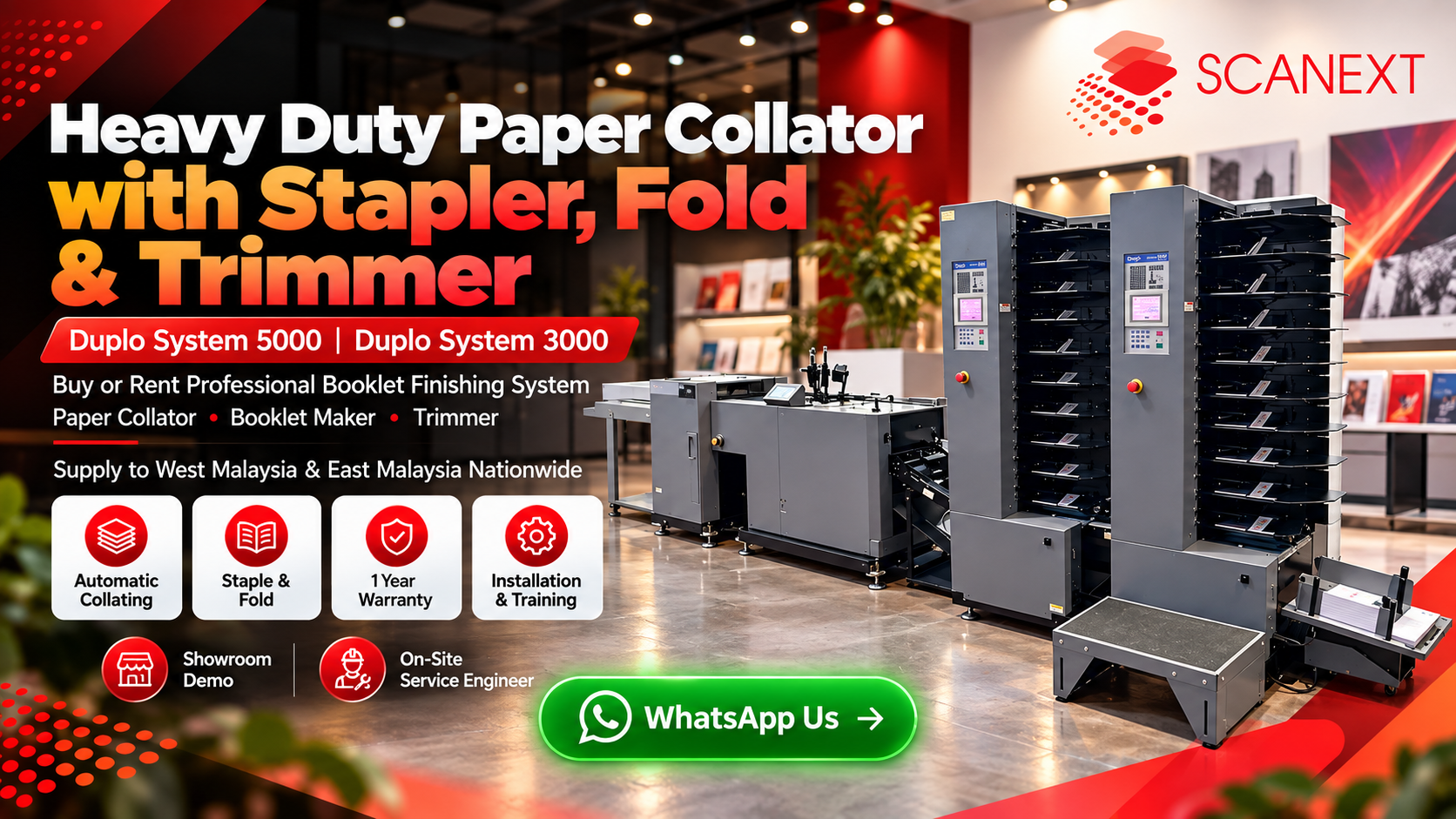 Duplo System 5000 heavy duty paper collator with DBM-300 stapler folder and DBM-300T booklet trimmer Malaysia Scanext